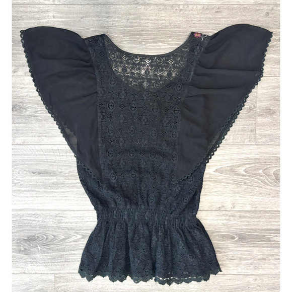 Anthropologie Flying Tomato Top Womens Large Black Lace Embroidered Peasant Boho - Picture 2 of 6